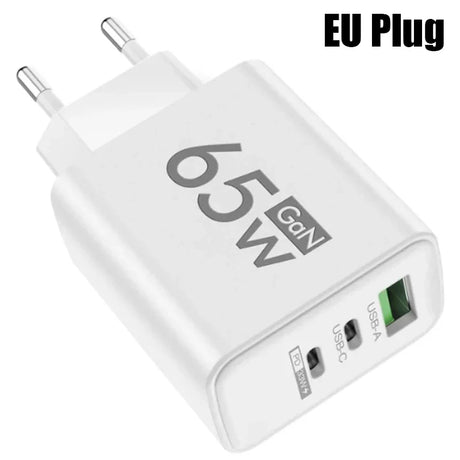 White EU plug adapter with multiple USB ports and ’65W GaN’ branding.