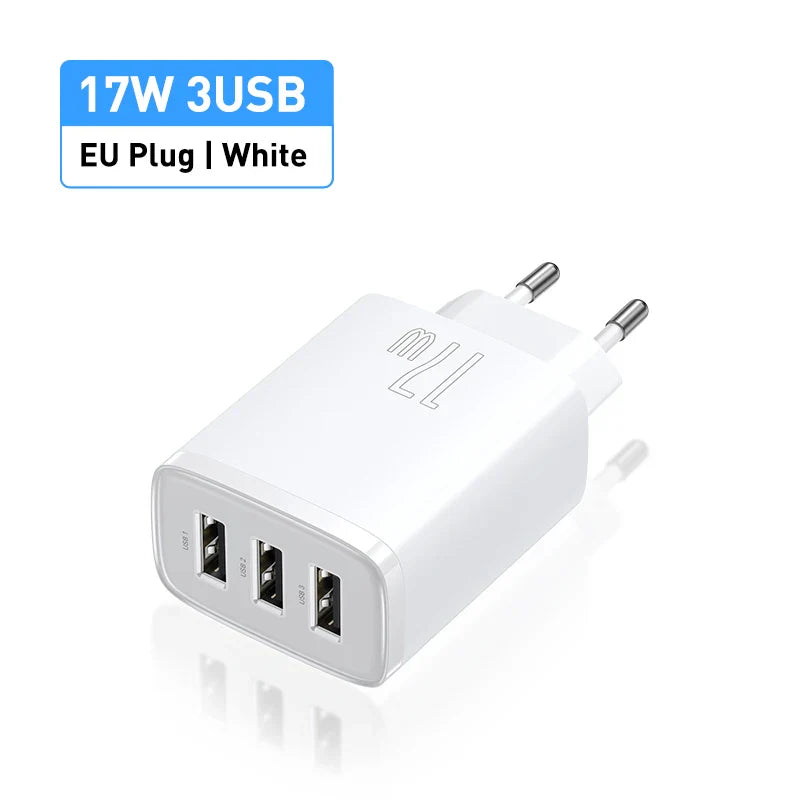 White EU plug adapter with three USB ports.