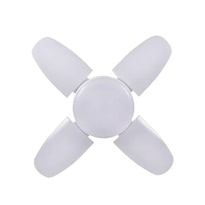 A white ceiling fan with four blades