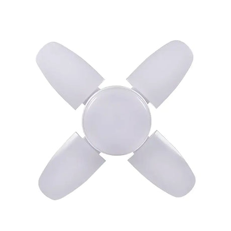 A white ceiling fan with four blades