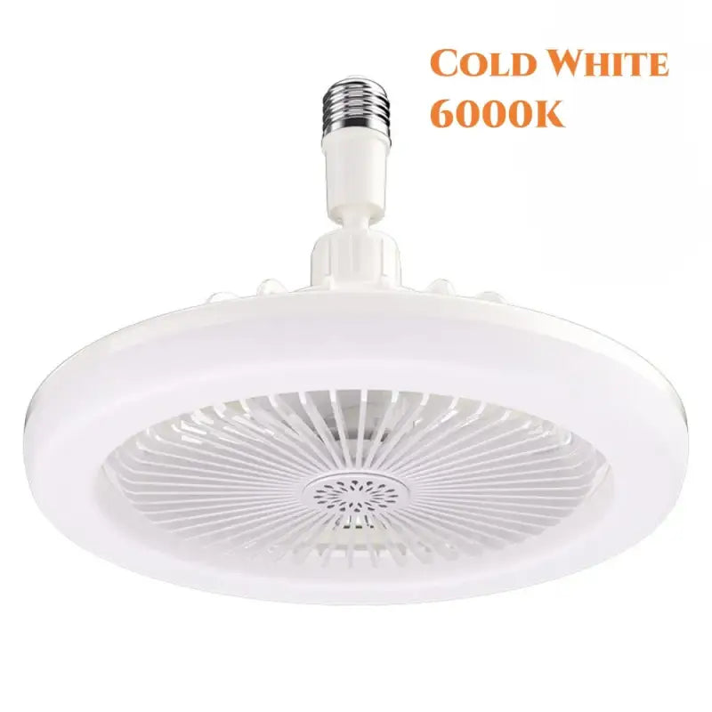 A white ceiling fan with a white light