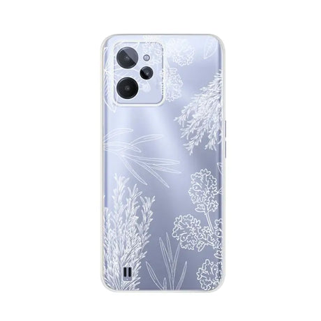 the back of a white floral phone case