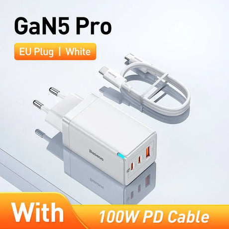 White GaN5 Pro charger with EU plug and 100W PD cable.