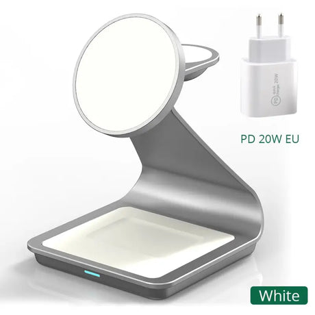 a white and gray charging device with a mirror