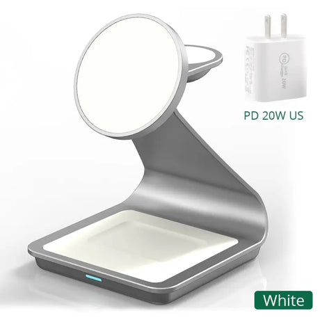 a white and gray charging device with a mirror