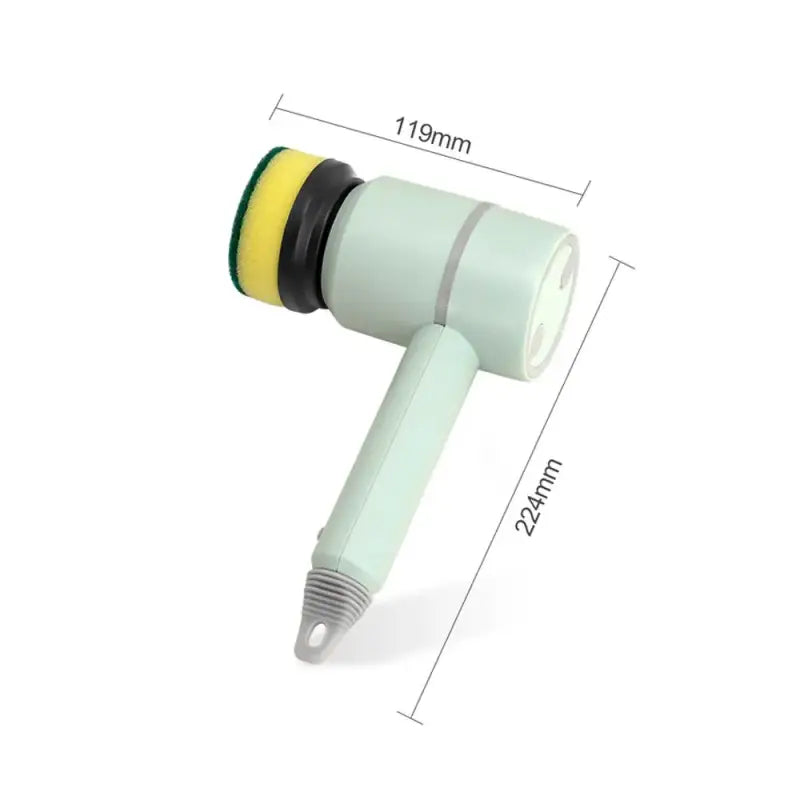 a white and green plastic spray gun with a yellow handle