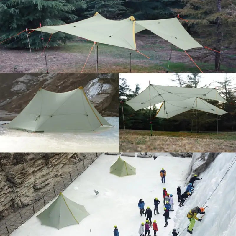 several pictures of a group of people standing around a tent