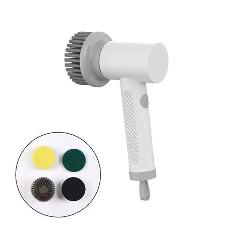 A white hair dryer with a green and yellow ball