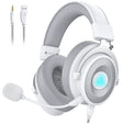 White gaming headset with a detachable microphone and illuminated logo.