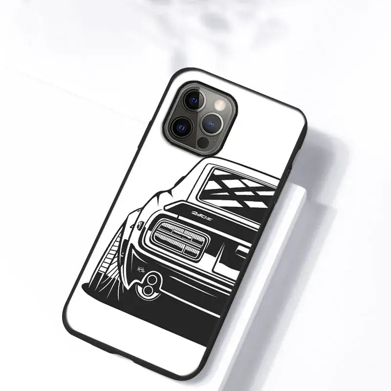 the back of a white iphone case with a black and white car