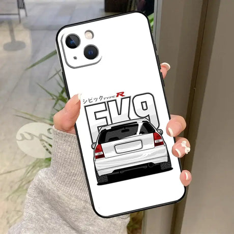 A white iphone case with a car on it