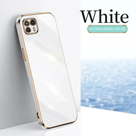 a white iphone case with gold trim