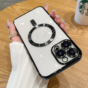 White iPhone case with magnetic ring and camera lens protection.