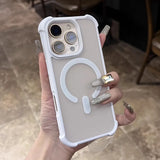 White iPhone case with a Magsafe ring and reinforced corners.
