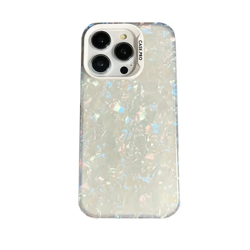 the back of a white iphone case with a white marble pattern