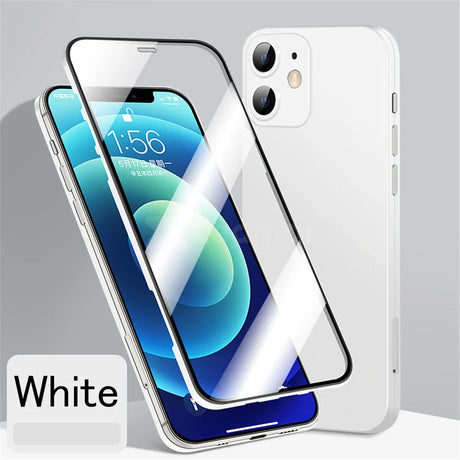 White iPhone with a dual-camera setup and a vibrant blue screen display.