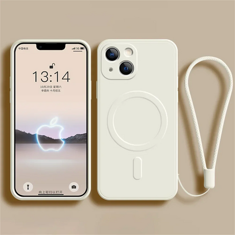 White iPhone with a matching protective case and wrist strap.