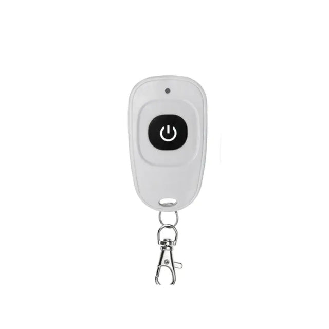 a white key chain with a black button