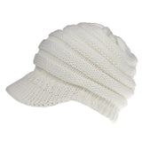 a white knit hat with a cable