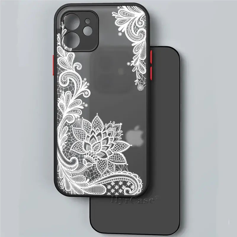 the white lace iphone case is shown on a gray background