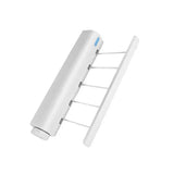 a white ladder with a blue handle