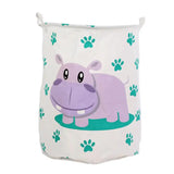 a white laundry bag with a purple hippoy on it