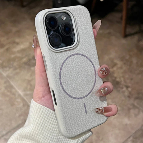 A white leather-textured iPhone case with a circular magnetic ring and camera protection.