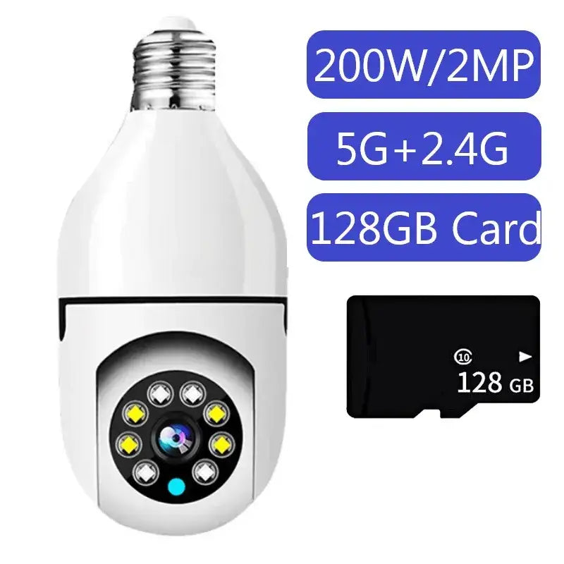 A white light bulb with a memory card attached to it