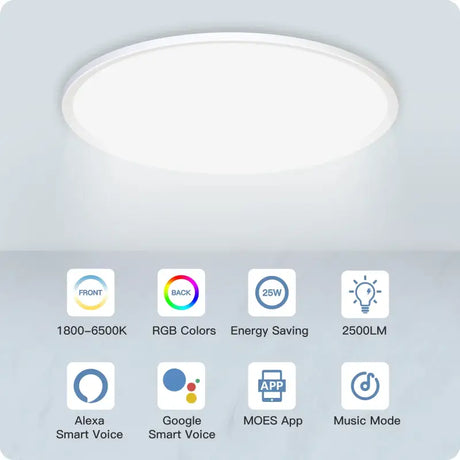 A white ceiling light with various icons