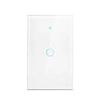 A white light switch with a blue button