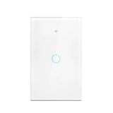 A white light switch with a blue button
