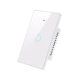 A white light switch with a blue button on it
