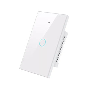 A white light switch with a blue button on it