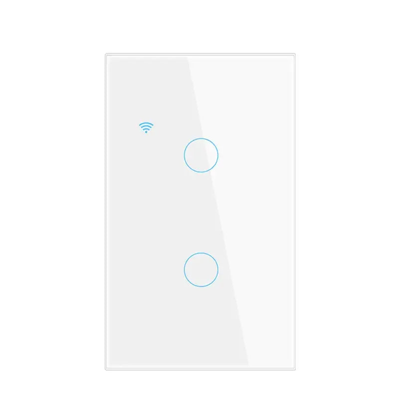 a white light switch with a blue button