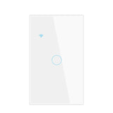 a white light switch with a blue button