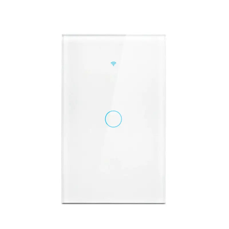 a white light switch with a blue button