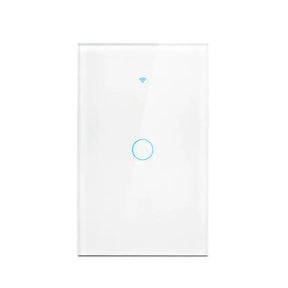 A white light switch with a blue button
