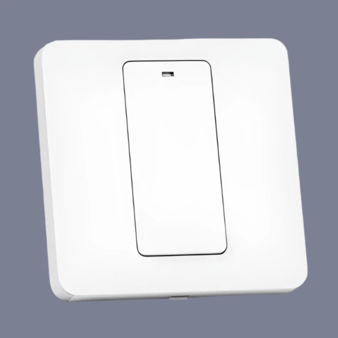 A white light switch with a button on it and a white background