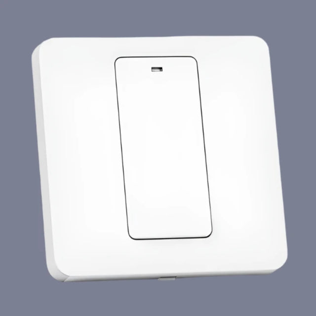 a white light switch with a button on it and a white background