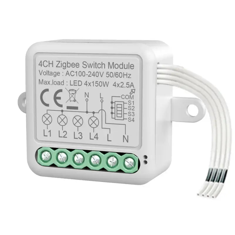 A white light switch module with green wires and a white cord