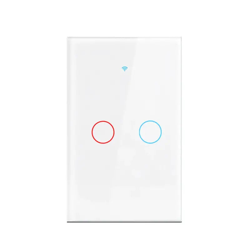 a white light switch with two red circles