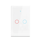 A white light switch with two red circles