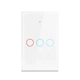 a white light switch with two red and blue circles