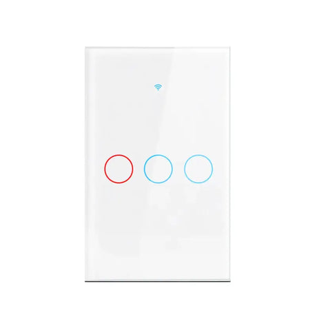 A white light switch with two red and blue circles