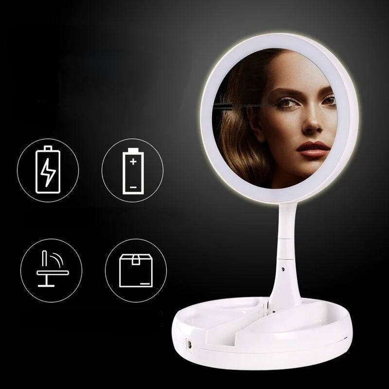 a white lighted makeup mirror with a woman’s face in the mirror