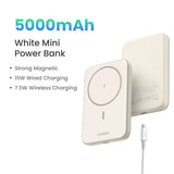 White magnetic power bank with wireless and wired charging capabilities.