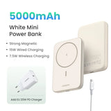 White magnetic wireless power bank with 5000mAh capacity and charging accessories.