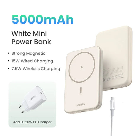 White magnetic wireless power bank with 5000mAh capacity and charging accessories.