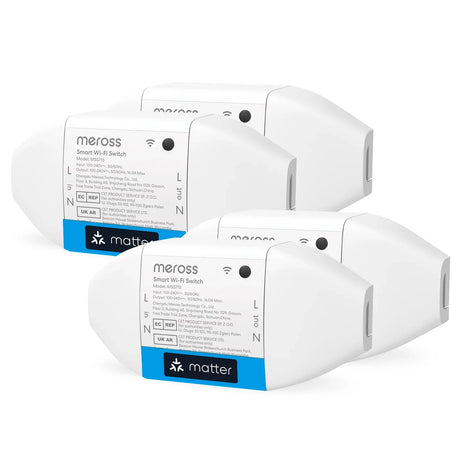 White meross matter smart wi-fi switches with blue matter branding and black circular buttons for energy monitoring