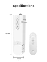 White motorized blind remote with dimensions.